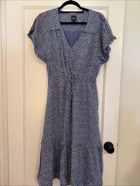 GAP Blue and White Polka Dot Midi Wrap Dress